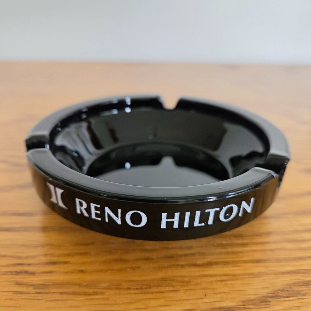 Vintage Reno Hilton Casino Black Glass Ashtray - Late 1970s - 1980s Memorabilia